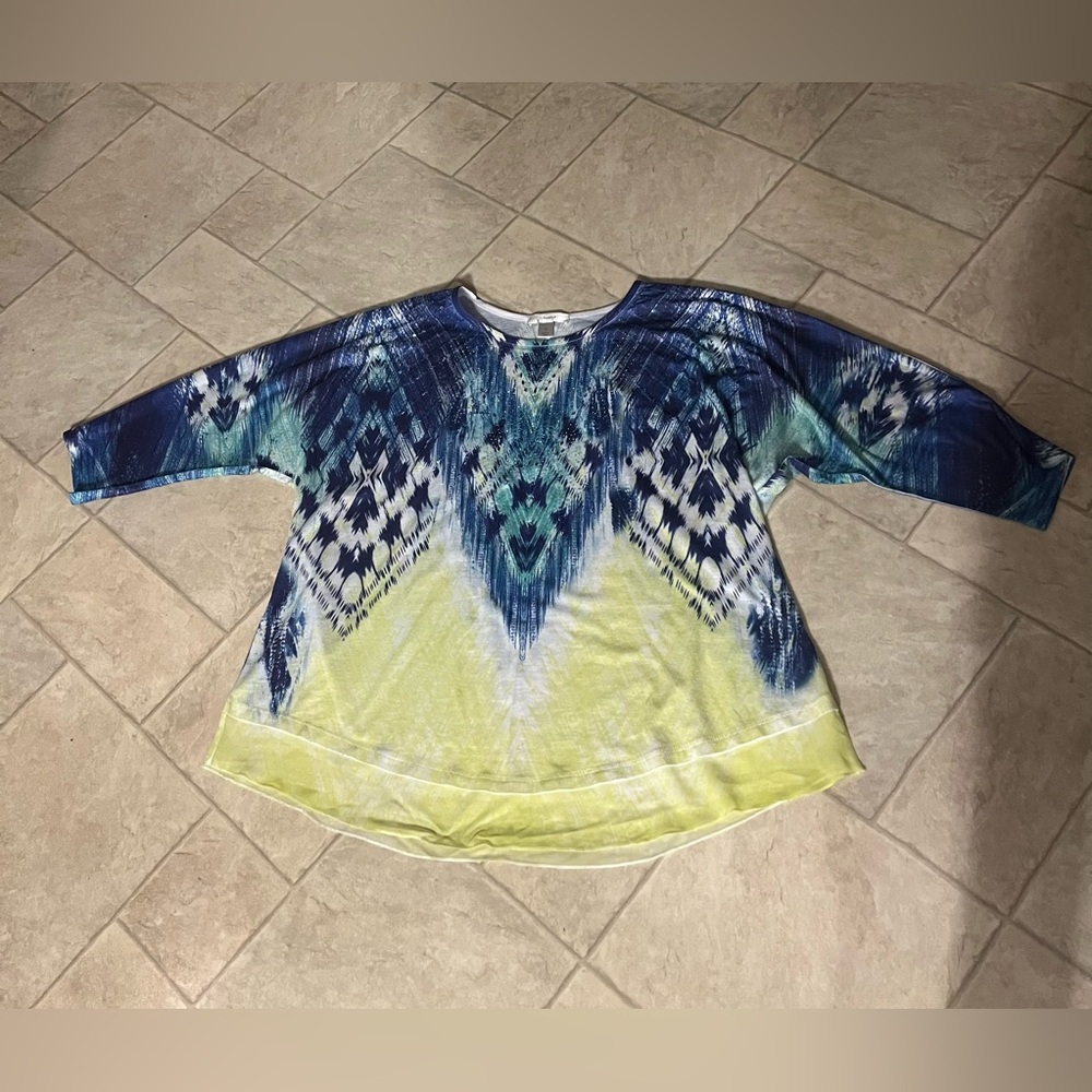 C J Banks top/tunic. Women’s 2x. Blue/yellow embellished. Jewels. 3/4 sleeves